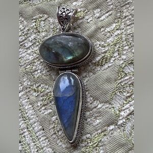 Labradorite Dual Stone Sterling Silver Pendant – Blue & Green Flash